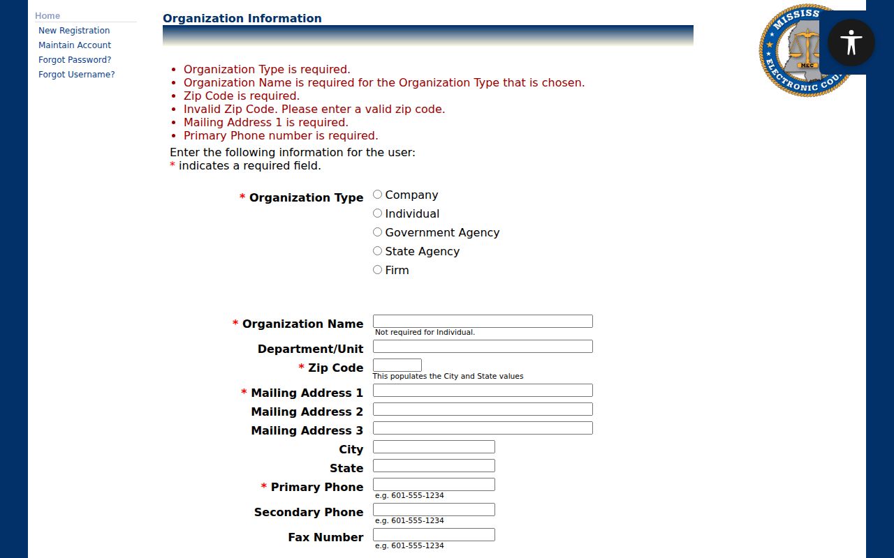 Walthall civil court docket PAMEC organization registration fields