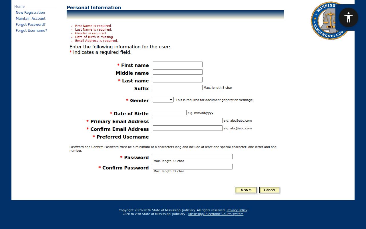 Walthall civil court docket PAMEC personal registration fields