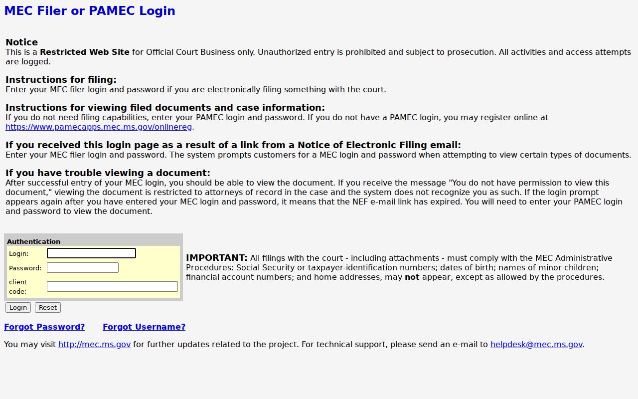 Walthall criminal court docket Fourteenth Circuit MEC login notice
