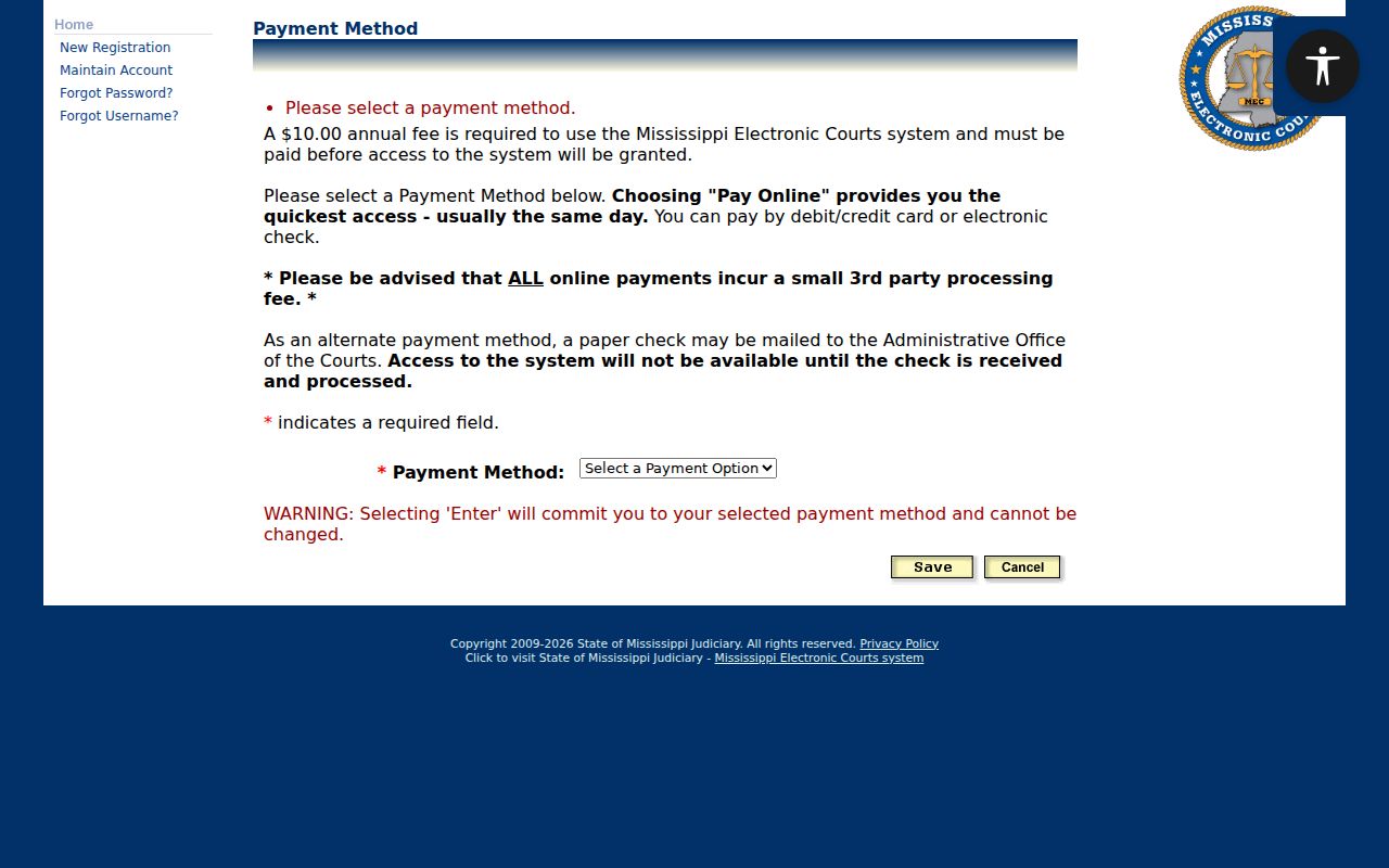 Walthall County docket search PAMEC payment method selection