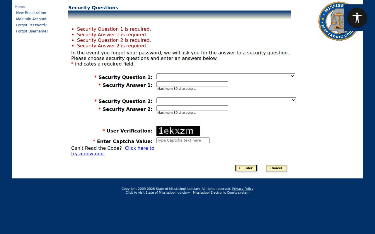 Walthall County docket search PAMEC account security questions