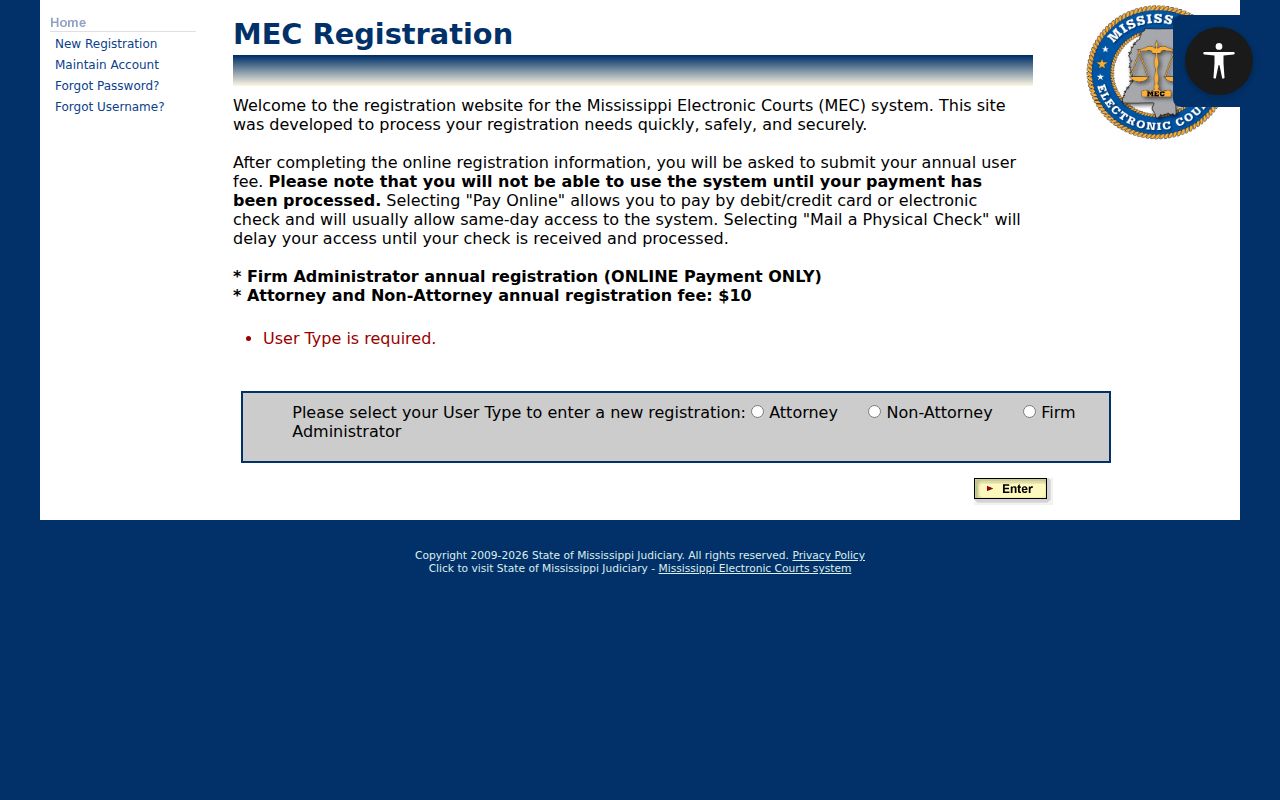 Walthall County court docket PAMEC registration choices